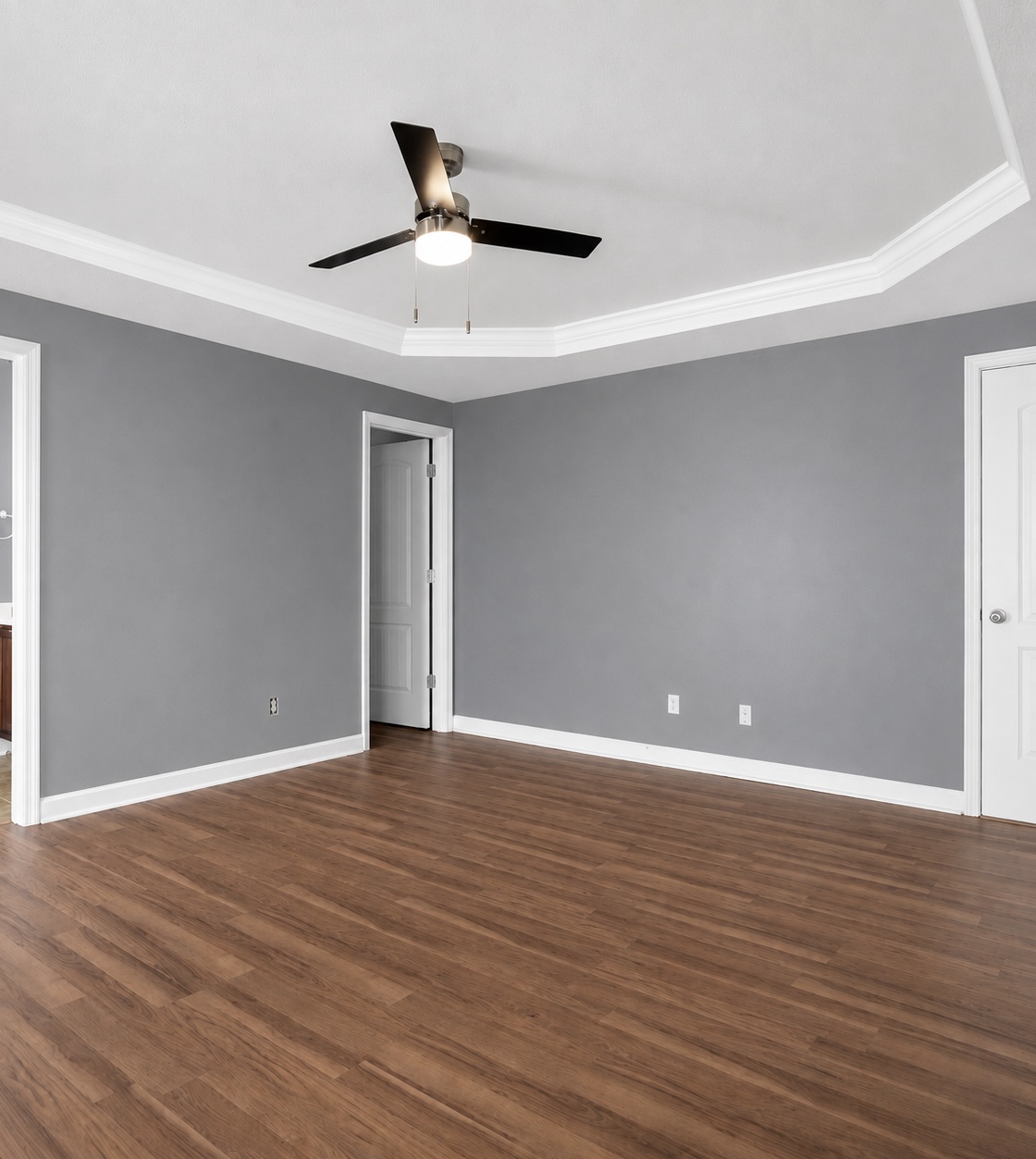 Room with tray ceiling and wood-look flooring